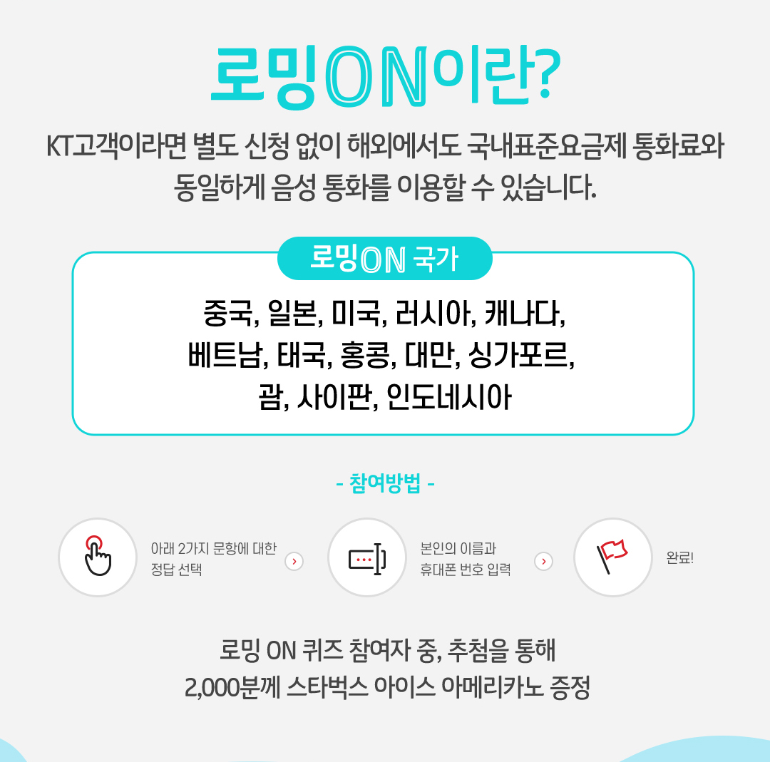 로밍 ON 이란? KT고객이라면 별도 신청 없이 해외에서도 국내표준요금제 통화료와 동일하게 음성 통화를 이용할 수 있습니다.  로밍 ON 국가 - 중국, 일본, 미국, 러시아, 캐나다, 베트남, 태국, 홍콩, 대만, 싱가포르, 괌, 사이판, 인도네시아 / 참여방법 - 아래 2가지 문항에 대한 정답 선택 → 본인의 이름과 휴대폰 번호 입력 → 완료! 로밍 ON 퀴즈 참여자 중, 추첨을 통해 2,000분께 스타벅스 아이스 아메리카노 증정