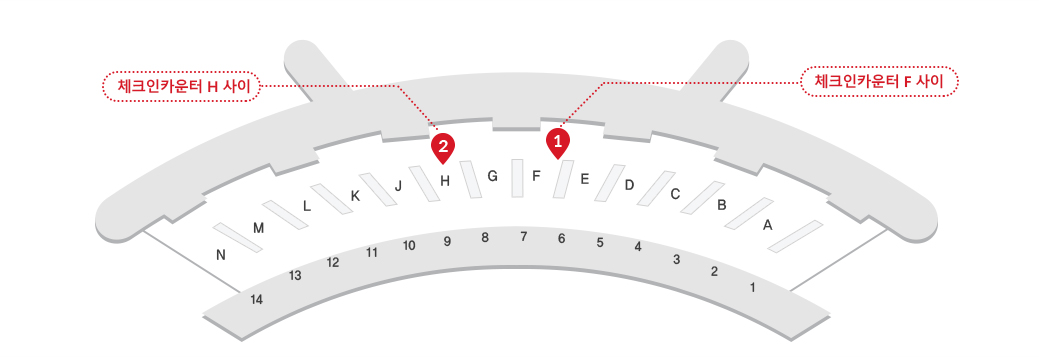 인천공항 제1여객터미널 3층 출국장, 4층 면세구역 내 KT 로밍센터 위치 안내 약도. 첫번째 로밍센터 위치-3층 체크인카운터 F 사이, 두번째  로밍센터 위치-3층 체크인카운터 H 사이