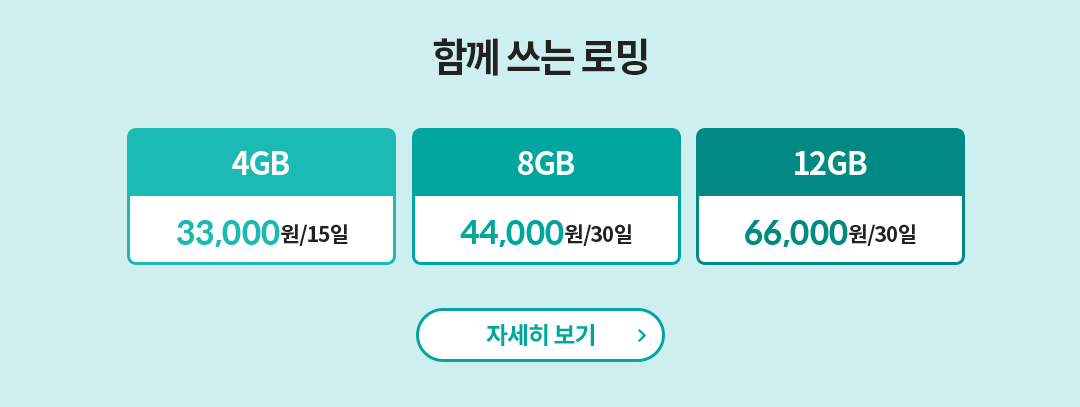 함께 쓰는 로밍 - 4GB 33,000원/15일 | 8GB 44,000원/30일 | 12GB 66,000원/30일